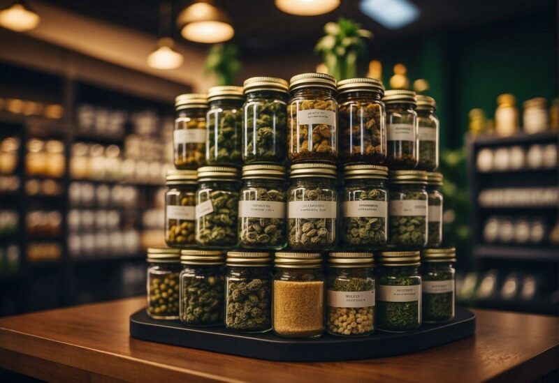 Various cannabis products displayed on shelves, including flower, edibles, and concentrates. Bulk weed in different strains and quantities showcased in labeled containers