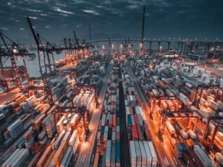 A picture of a port at night time