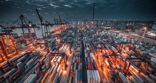 A picture of a port at night time