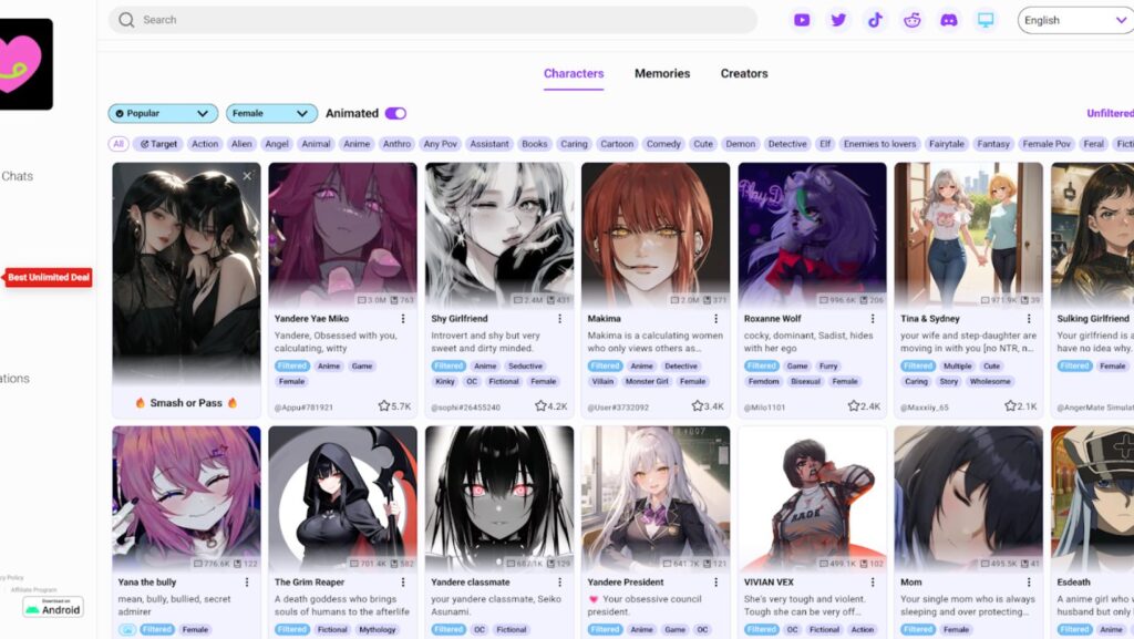 CrushOn.AI has the best character AI 18 bots for you to chat with.